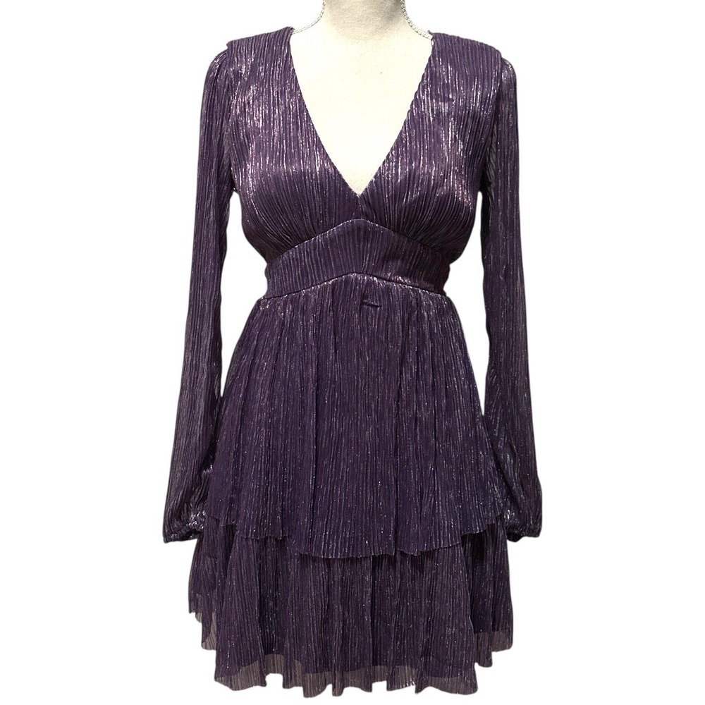 Mi Ami Francesca's Purple Metallic Pleated Long Sleeve‎ Tiered Mini Dress Size M